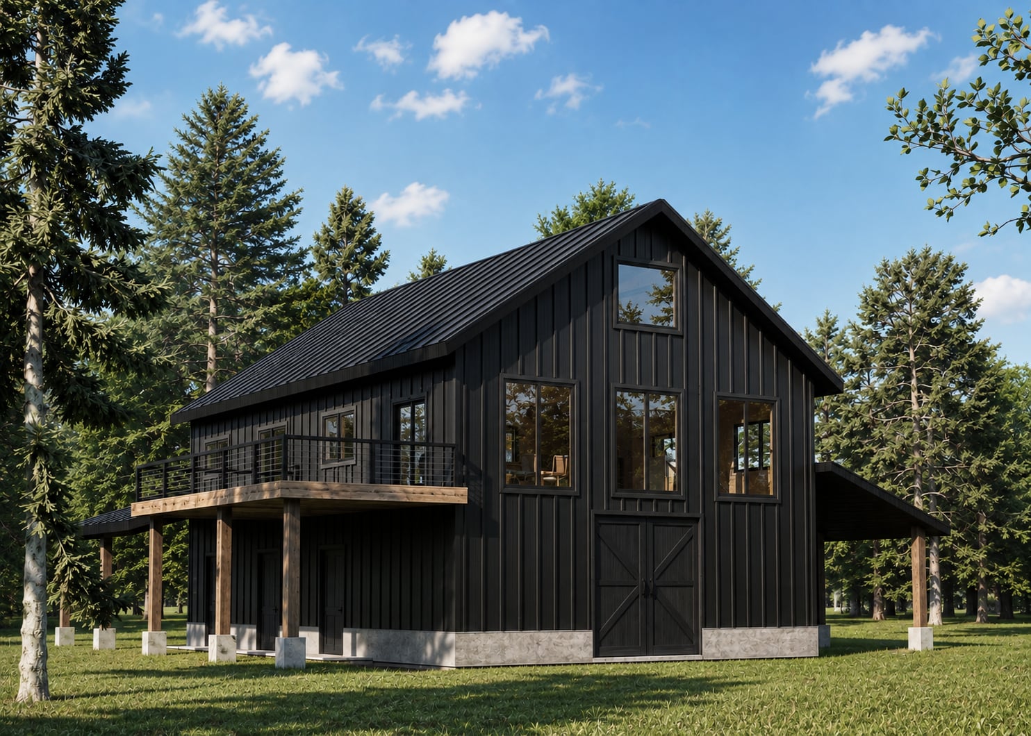 Barnes Barn: a three-story barn and apartment in Hendersonville, North Carolina, with charred board siding, a wraparound deck on timber posts, and barn doors on the ground floor.
