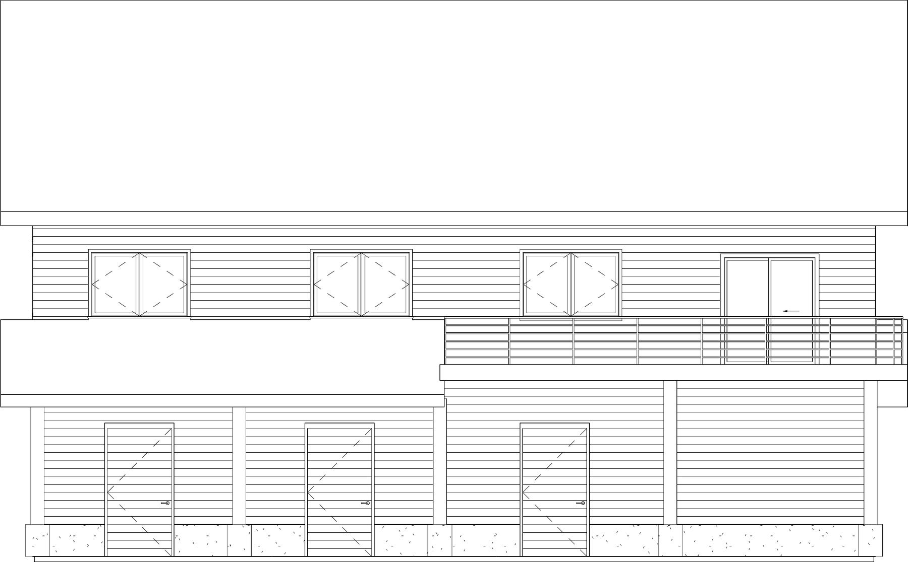 Elevation drawing of Barnes Barn, showing the wraparound deck and ground floor doors.