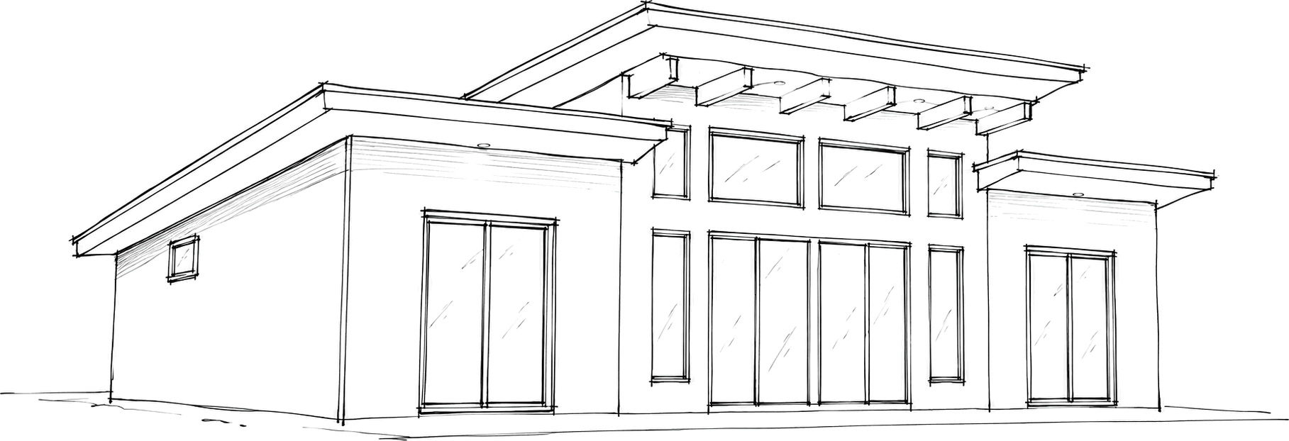 Sketch elevation of Plan 004: two shed roofs at different heights, with a band of windows where they meet.