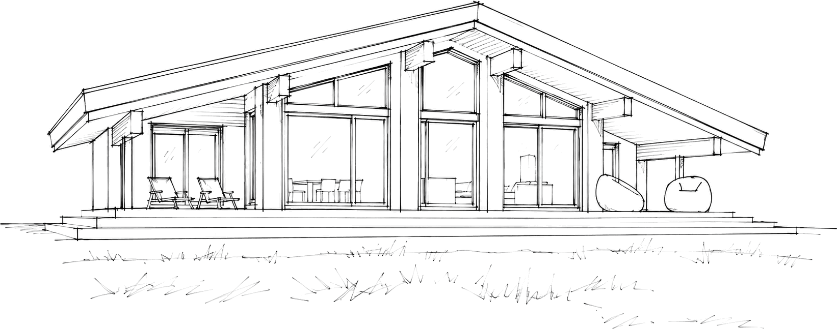 Sketch elevation of Plan 005: one level, glazed wall to wall, under a deep overhang on timber posts.