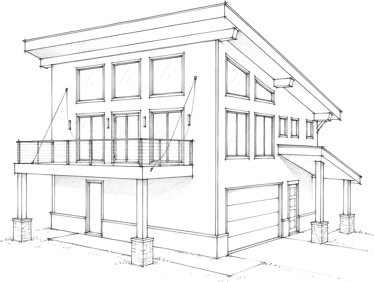 Sketch elevation of Plan 006: living space above a garage, with a balcony over the entry.