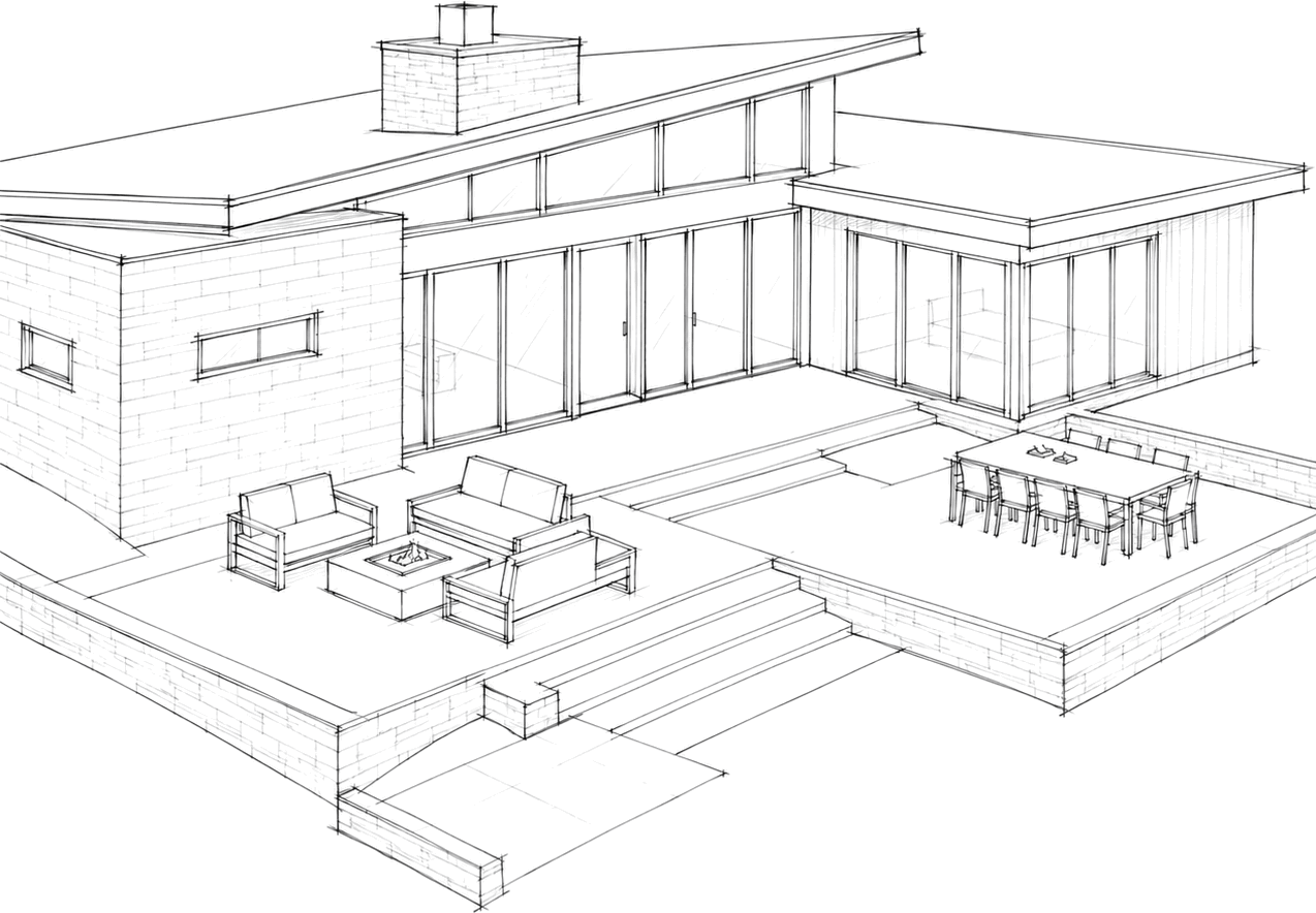 Sketch elevation of Plan 007: a single sloped roof over a stone chimney, opening onto a raised terrace.