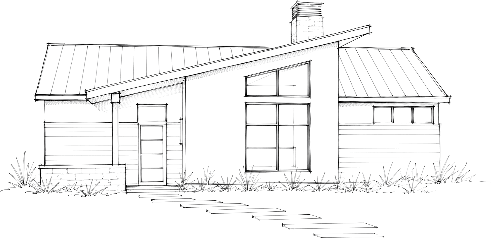 Sketch elevation of Plan 008: an off-center ridge roof in standing seam metal, with a tall window at the peak.