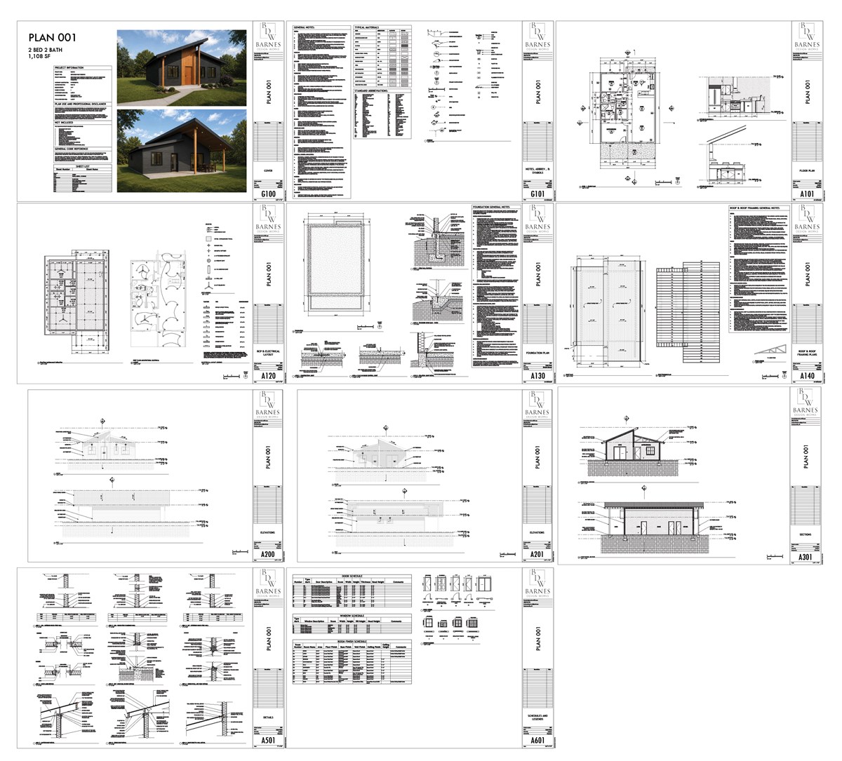 All eleven sheets of the Plan 001 set laid out together, from the cover sheet through the floor plan, elevations, sections, details and schedules.
