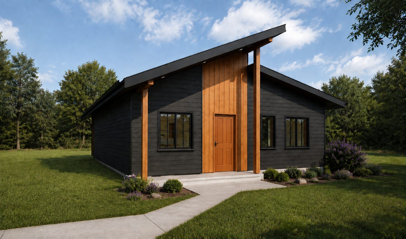 Plan 001, a 1,008 sq ft two-bedroom house, from the entry side: dark board siding, a cedar entry portal and an asymmetric roof.