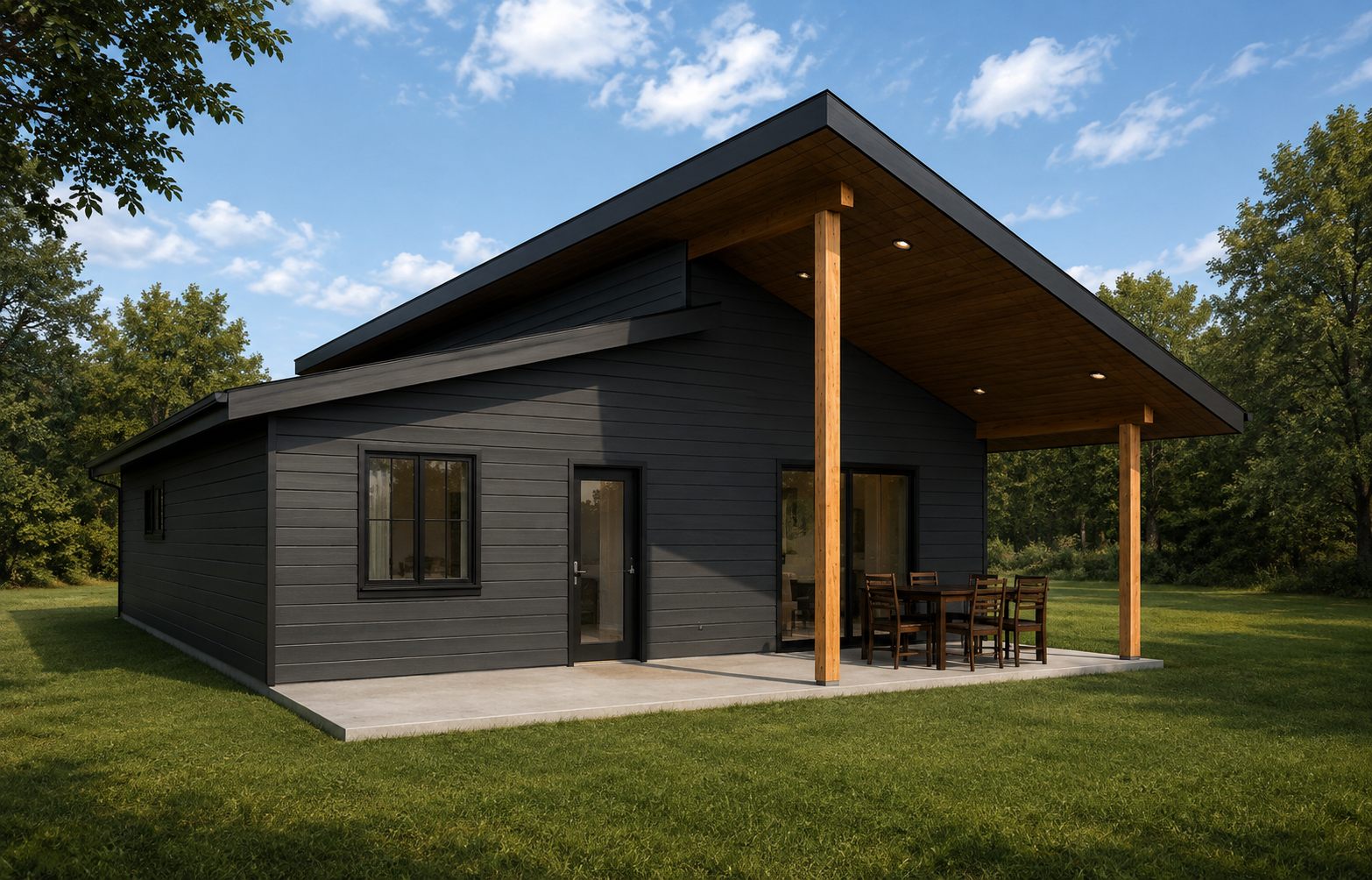 The rear of Plan 001: sliding doors opening under a deep covered patio held on timber posts.