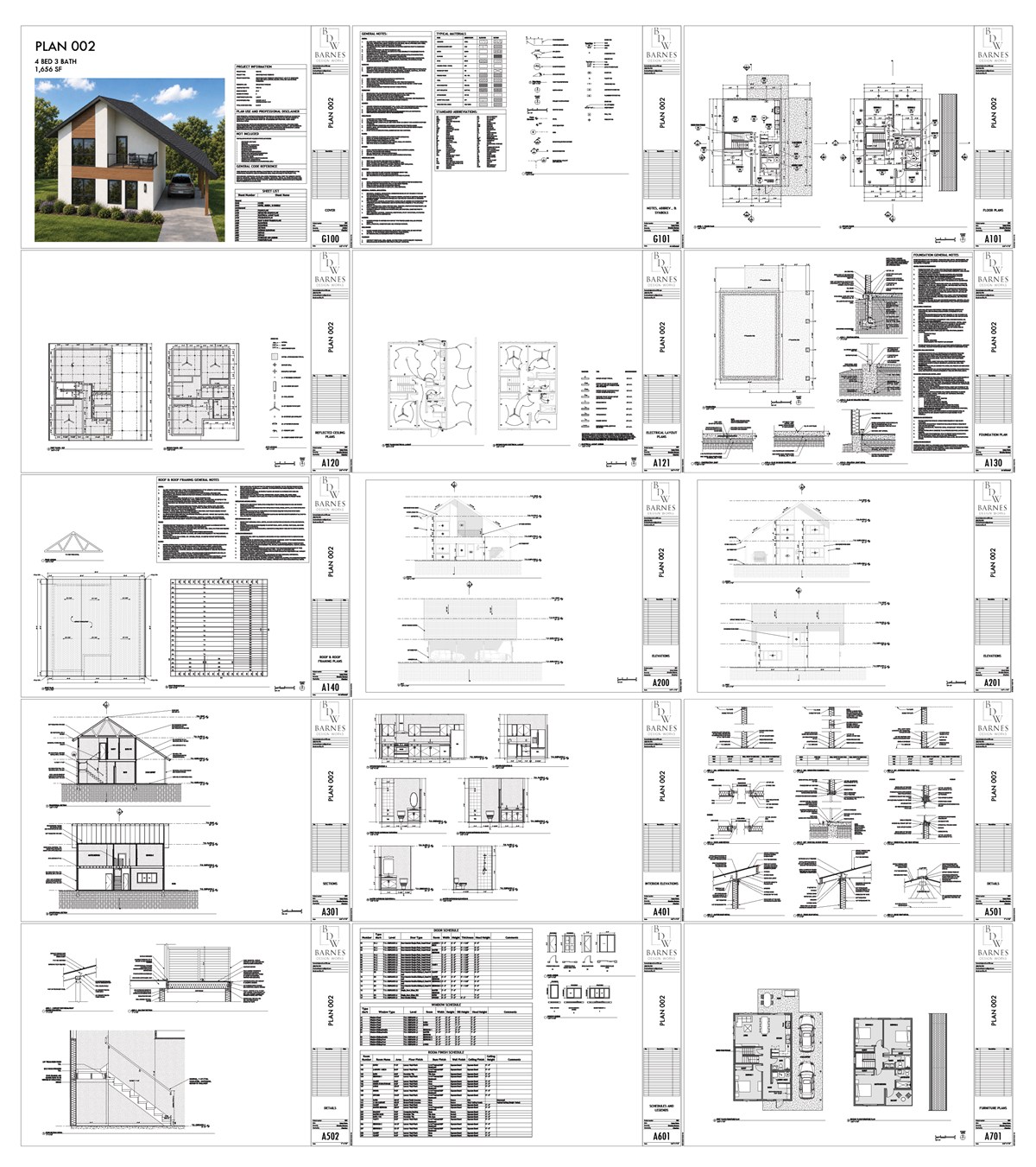All fifteen sheets of the Plan 002 set laid out together, from the cover sheet through the floor plan, elevations, sections, details and schedules.