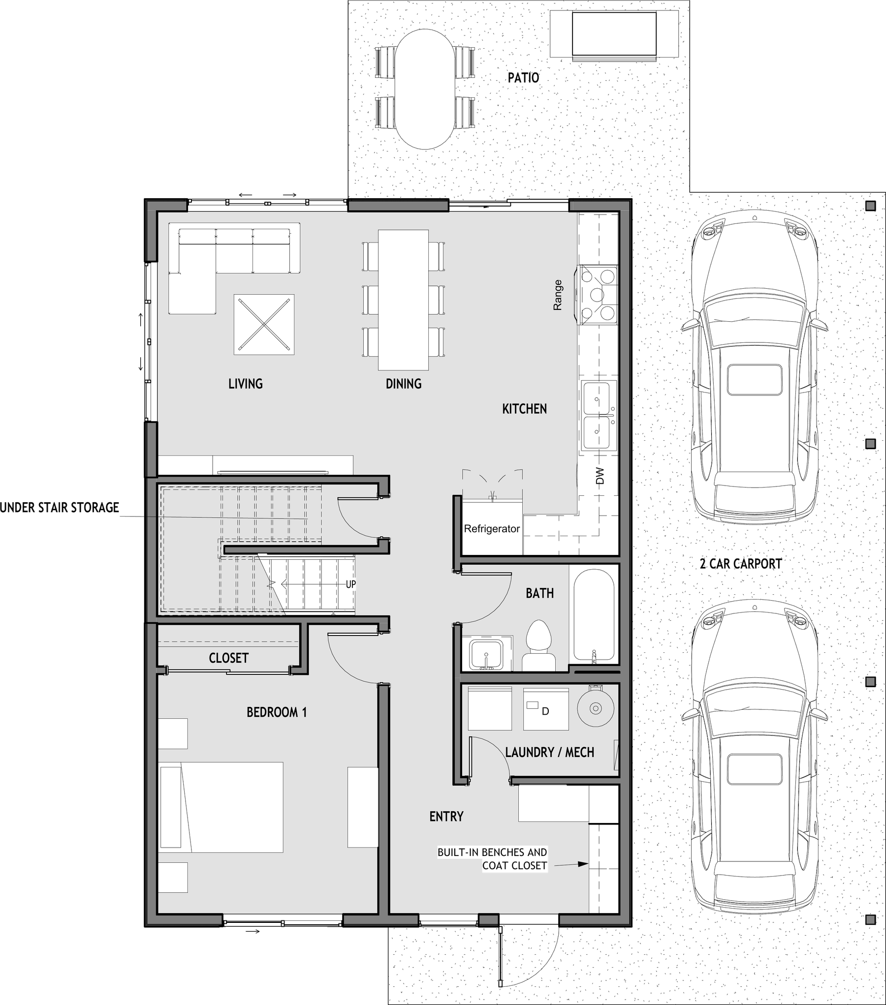 Level 1 floor plan of Plan 002, a 1,656 sq ft four-bedroom house: living, dining and kitchen along one side opening onto a patio, a bedroom and bath along the other, with a two-car carport alongside.