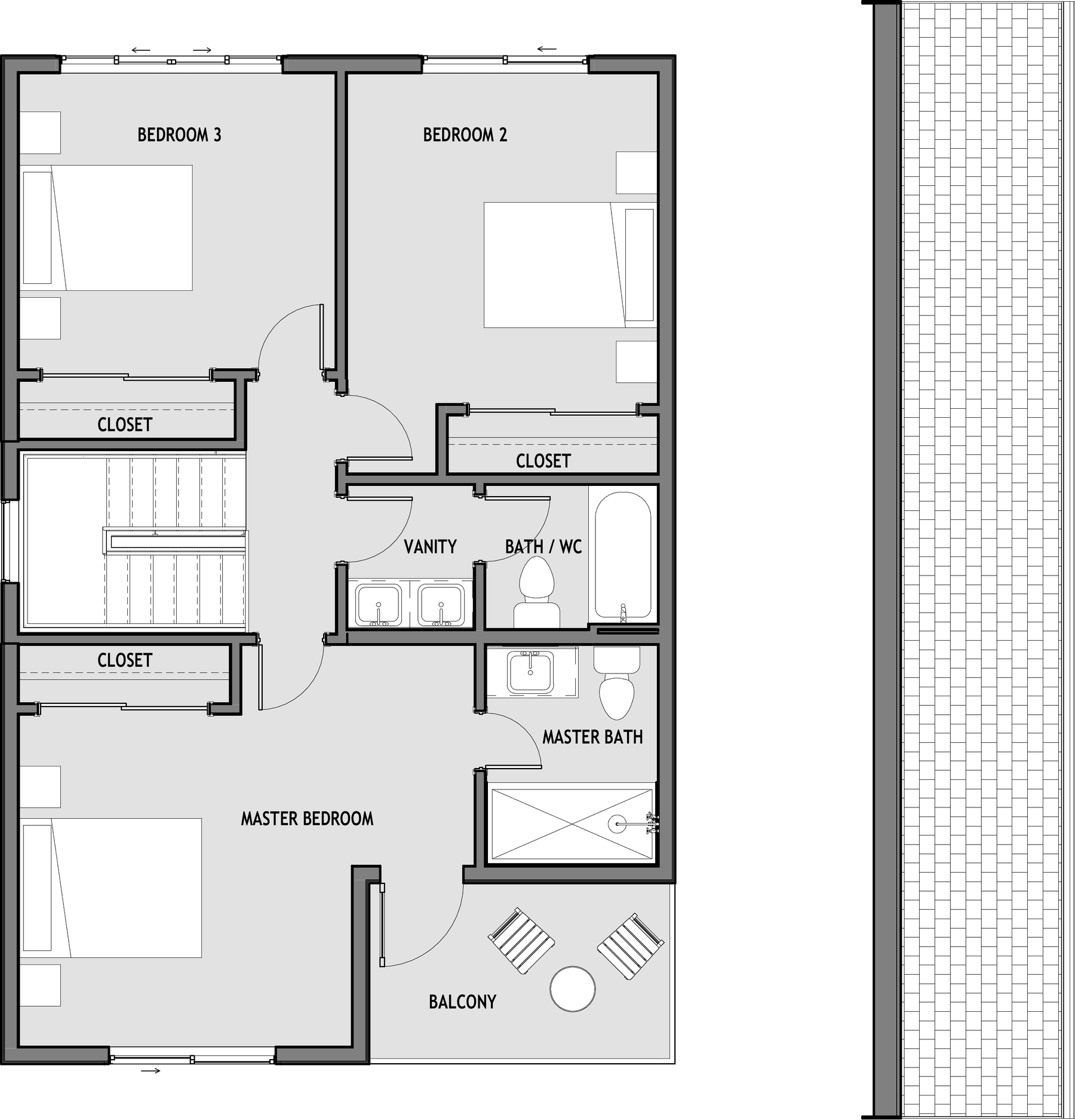 Level 2 floor plan of Plan 002: the master suite with its own bath and balcony on one side, two more bedrooms sharing a bath on the other.