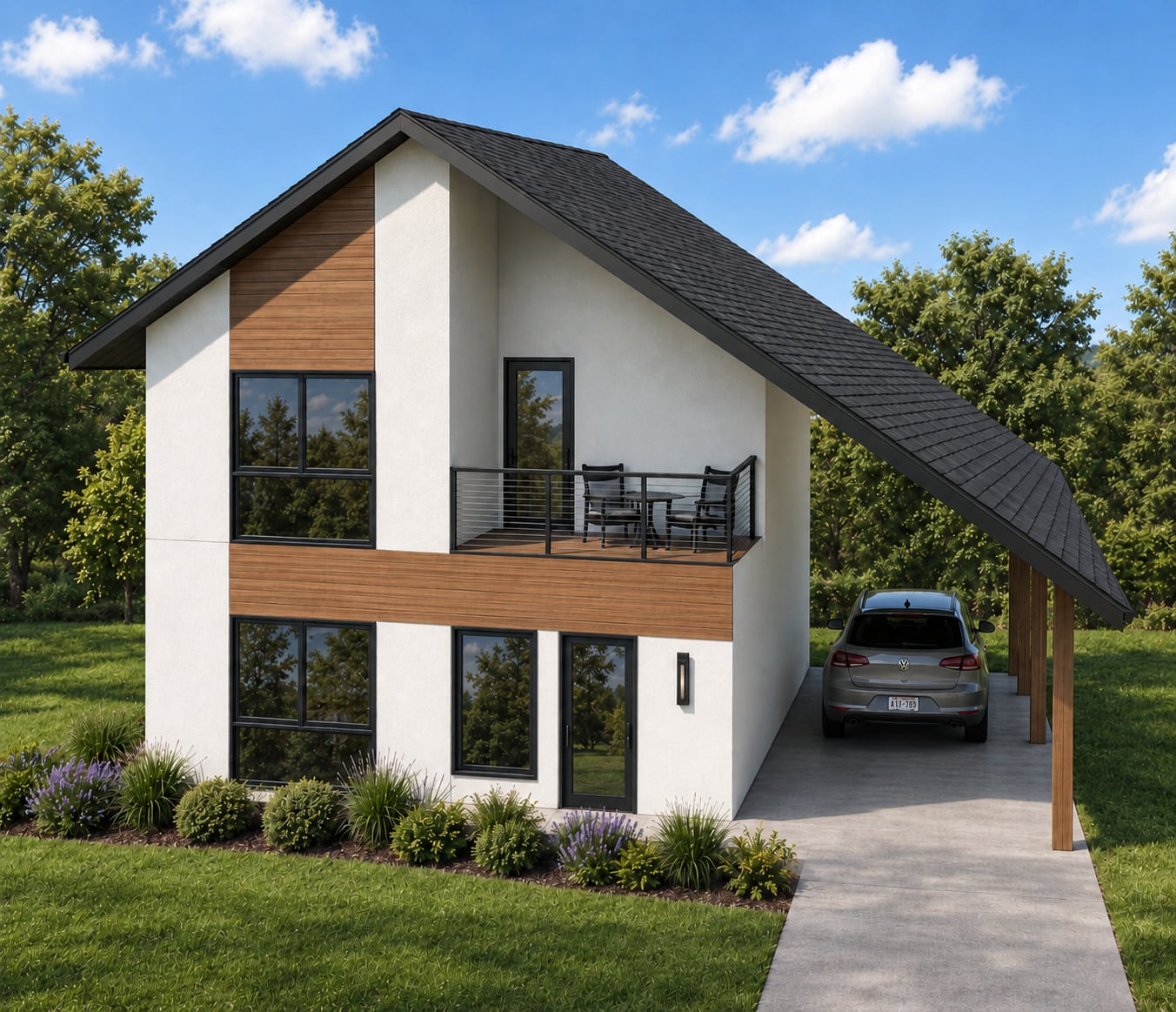 Plan 002 from the front: white stucco walls with warm wood siding bands and a steep single-slope roof carried past the wall to cover a two-car carport.