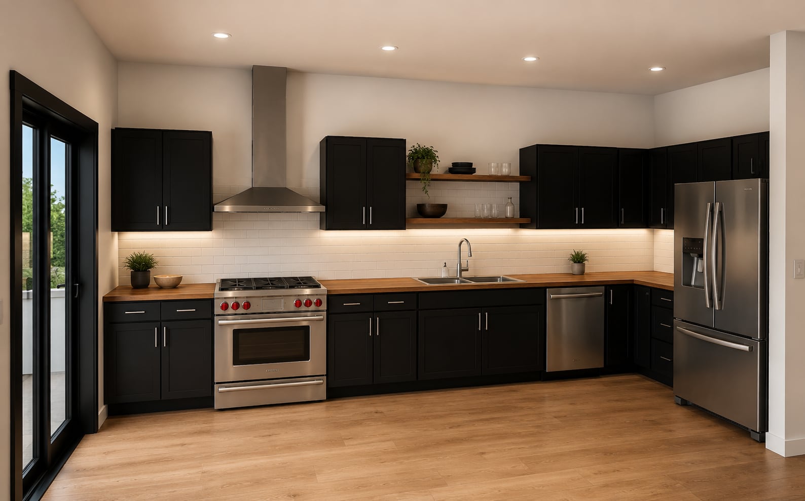 Kitchen in Plan 002: black shaker cabinets, a butcher block counter, and a stainless range under a steel hood.