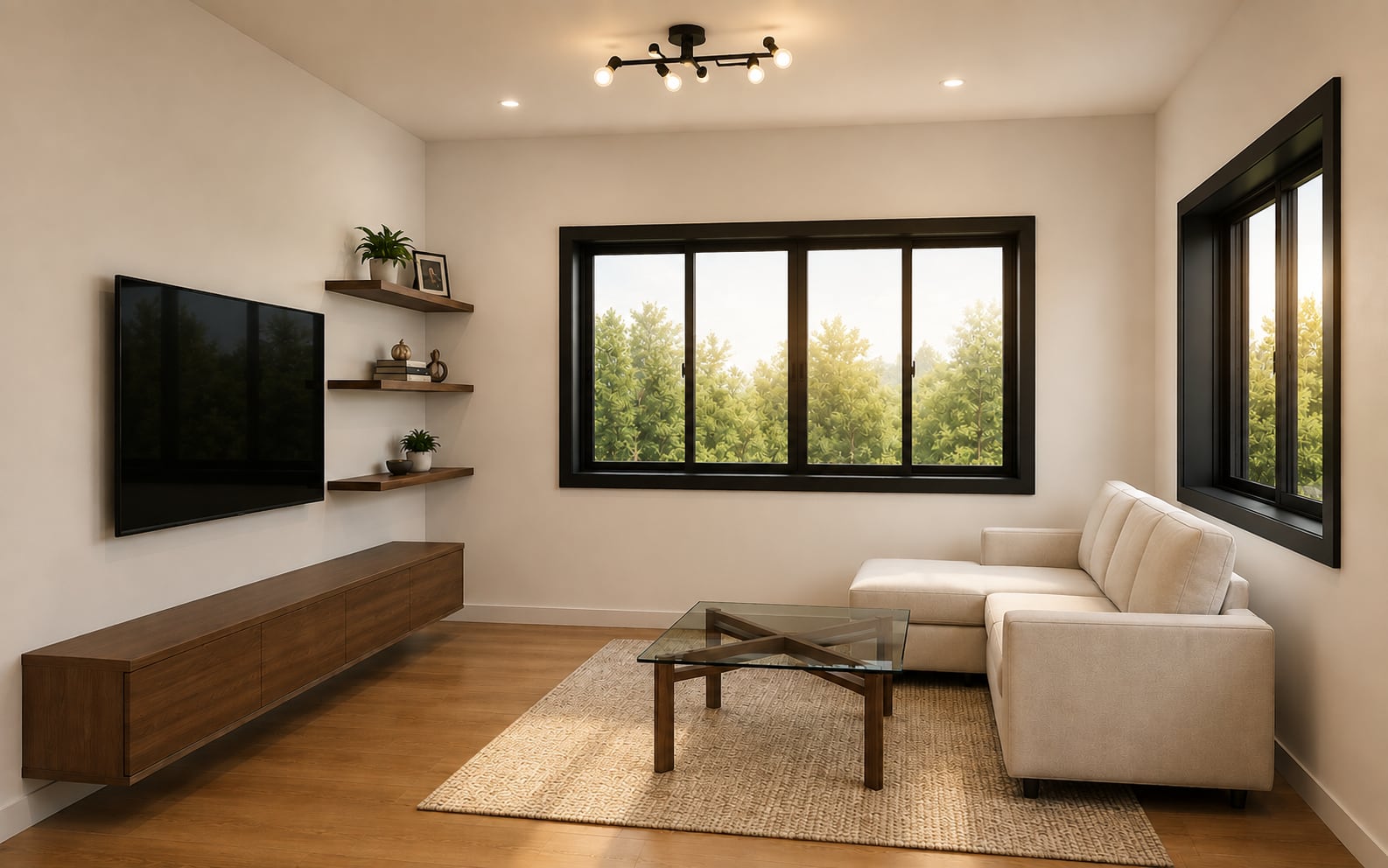 The living room in Plan 002, with a run of windows looking out into the trees.