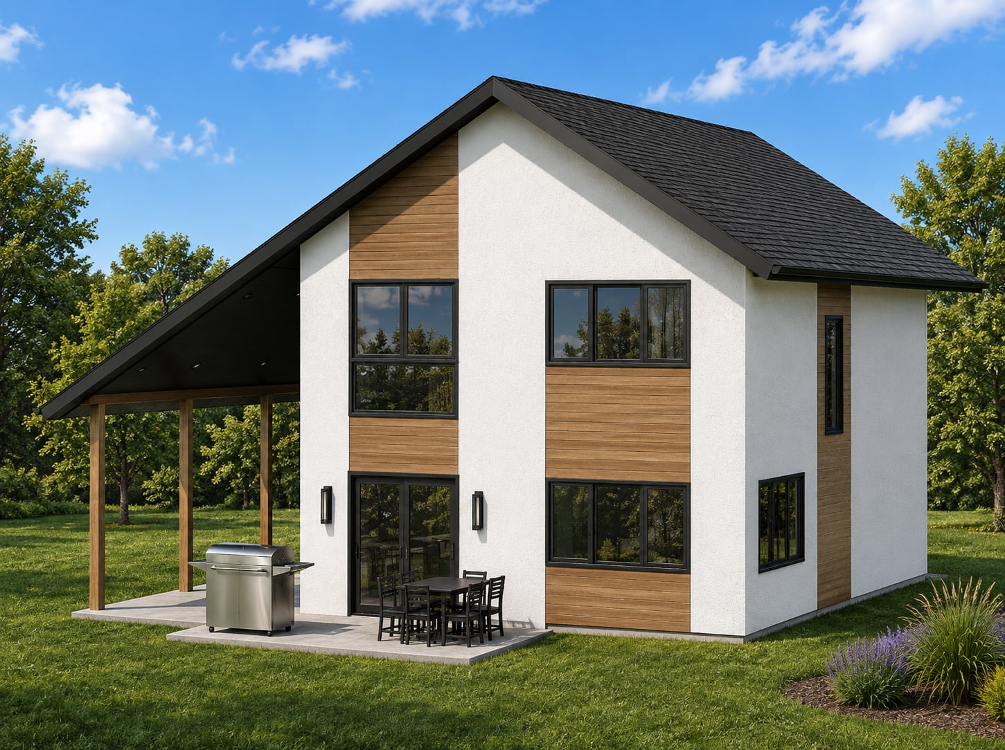The rear of Plan 002: the patio outside the living room, reached through sliding doors.