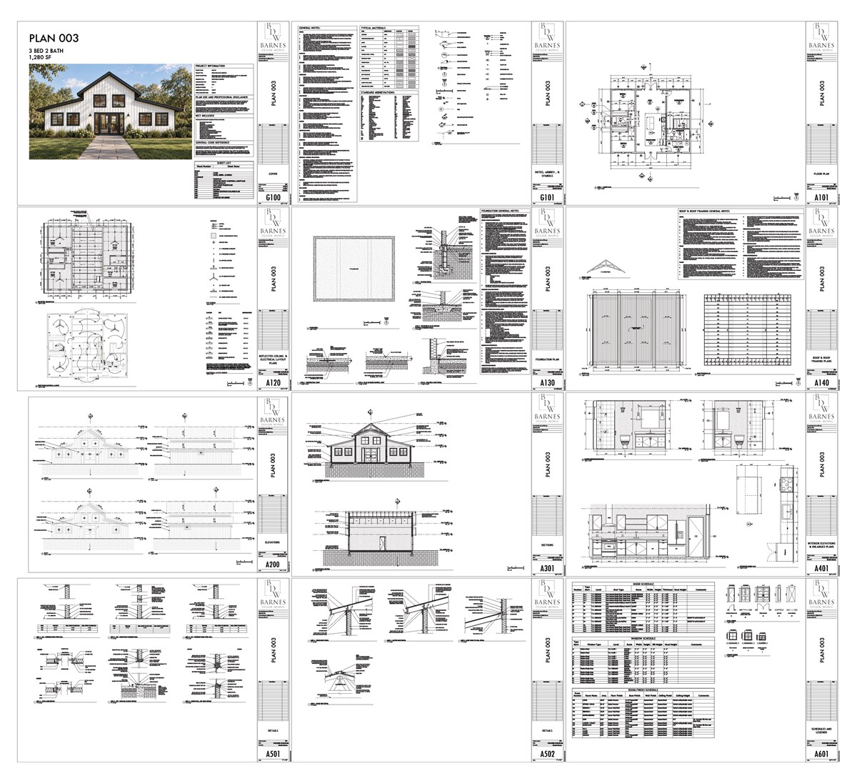 All twelve sheets of the Plan 003 set laid out together, from the cover sheet through the floor plan, elevations, sections, details and schedules.