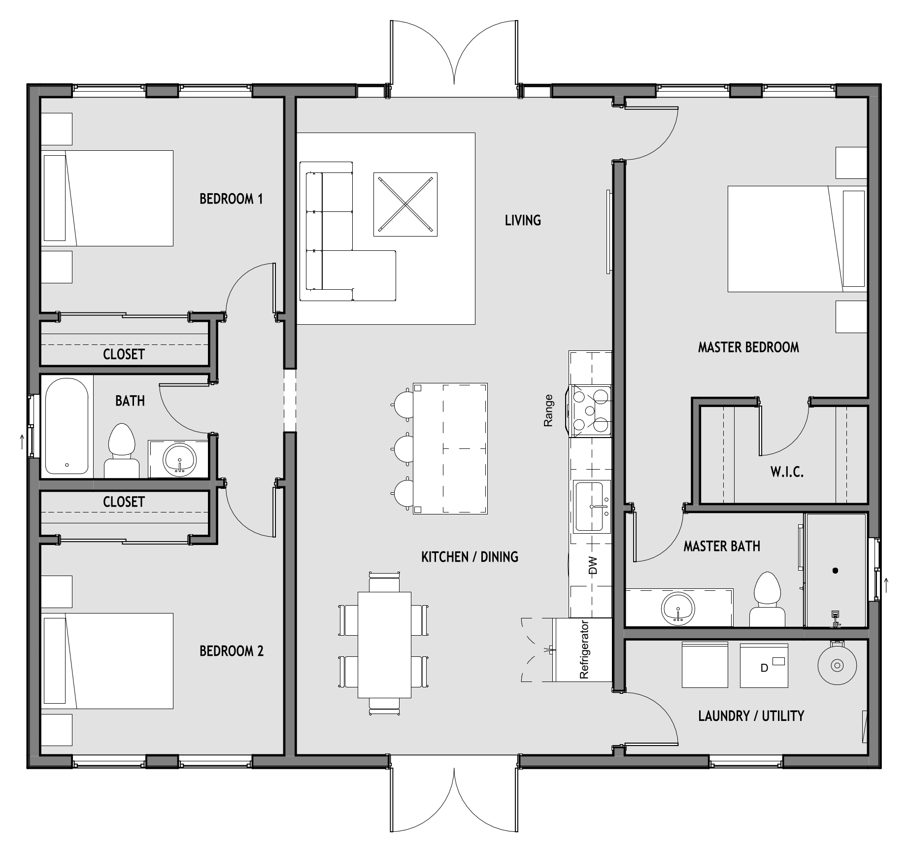 Floor plan of Plan 003, a 1,280 sq ft three-bedroom house. In the middle, living, kitchen and dining in one room with double doors at each end. On one side, two bedrooms with closets sharing a bath. On the other, the master bedroom with a walk-in closet and its own bath, and a laundry and utility room.
