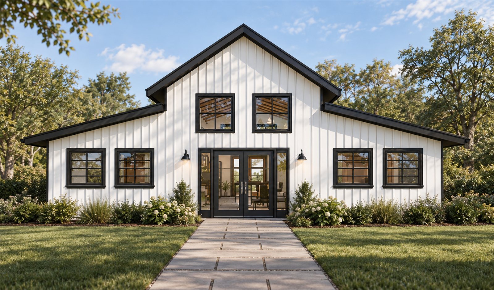 Plan 003 from the front: white board and batten siding and a tall central gable, with lower wings on each side under dark metal roofs.