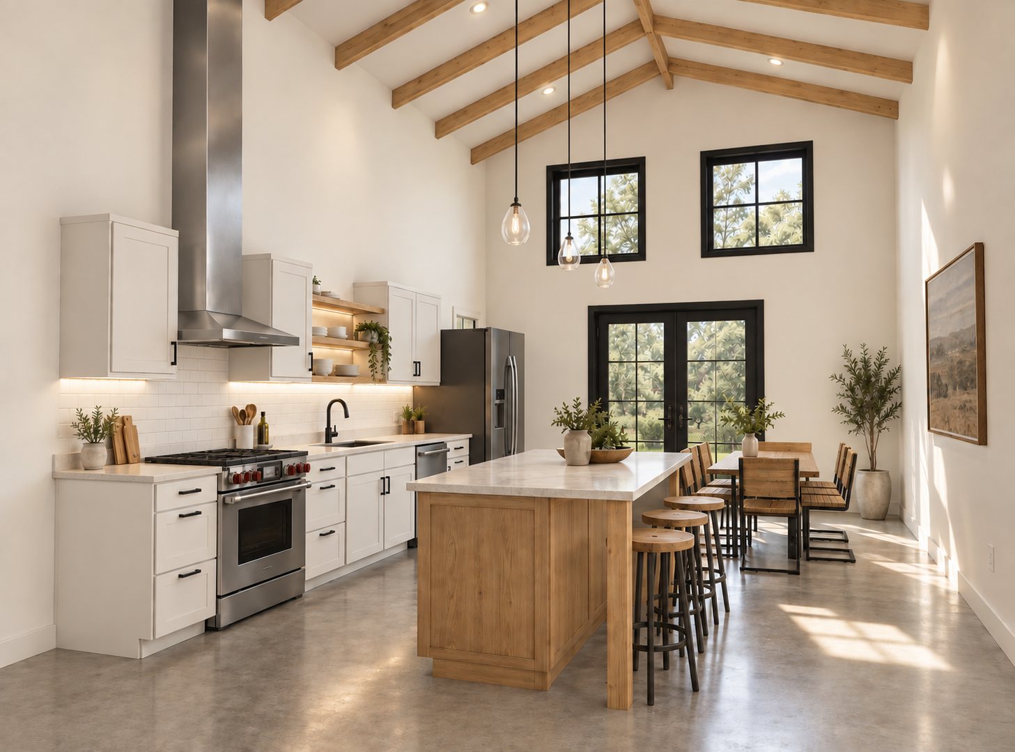 Kitchen and dining in Plan 003: white shaker cabinets, a wood island with stools, and a dining table by glass doors under a vaulted ceiling with wood beams.