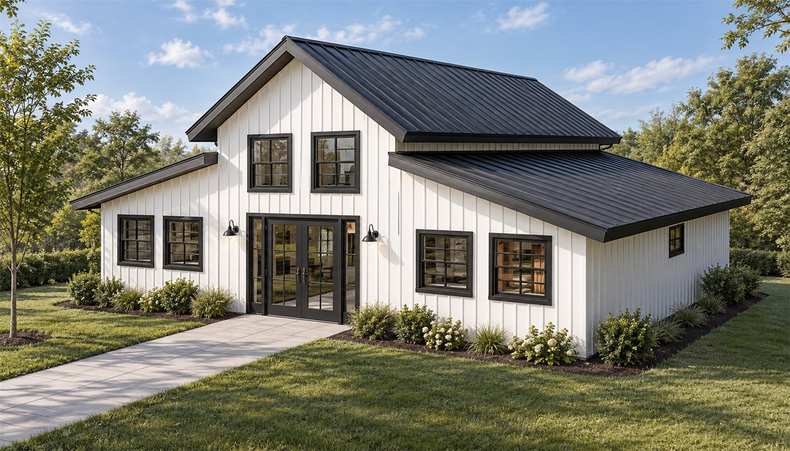 Plan 003 from the front corner, showing the standing seam metal roof over the central gable and stepping down over the side wing.