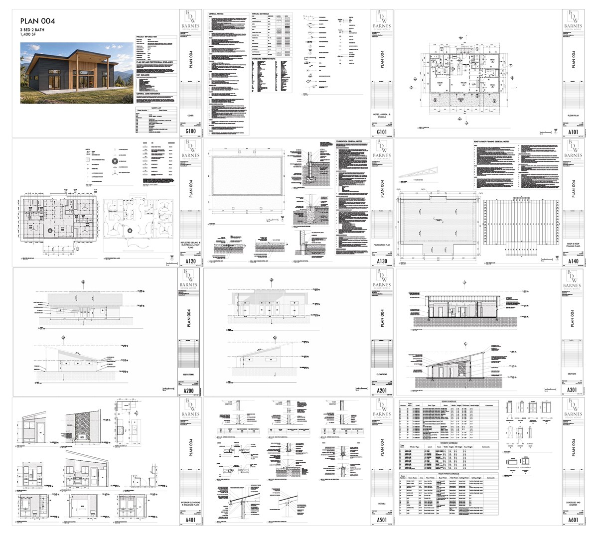 All twelve sheets of the Plan 004 set laid out together, from the cover sheet through the floor plan, elevations, sections, details and schedules.