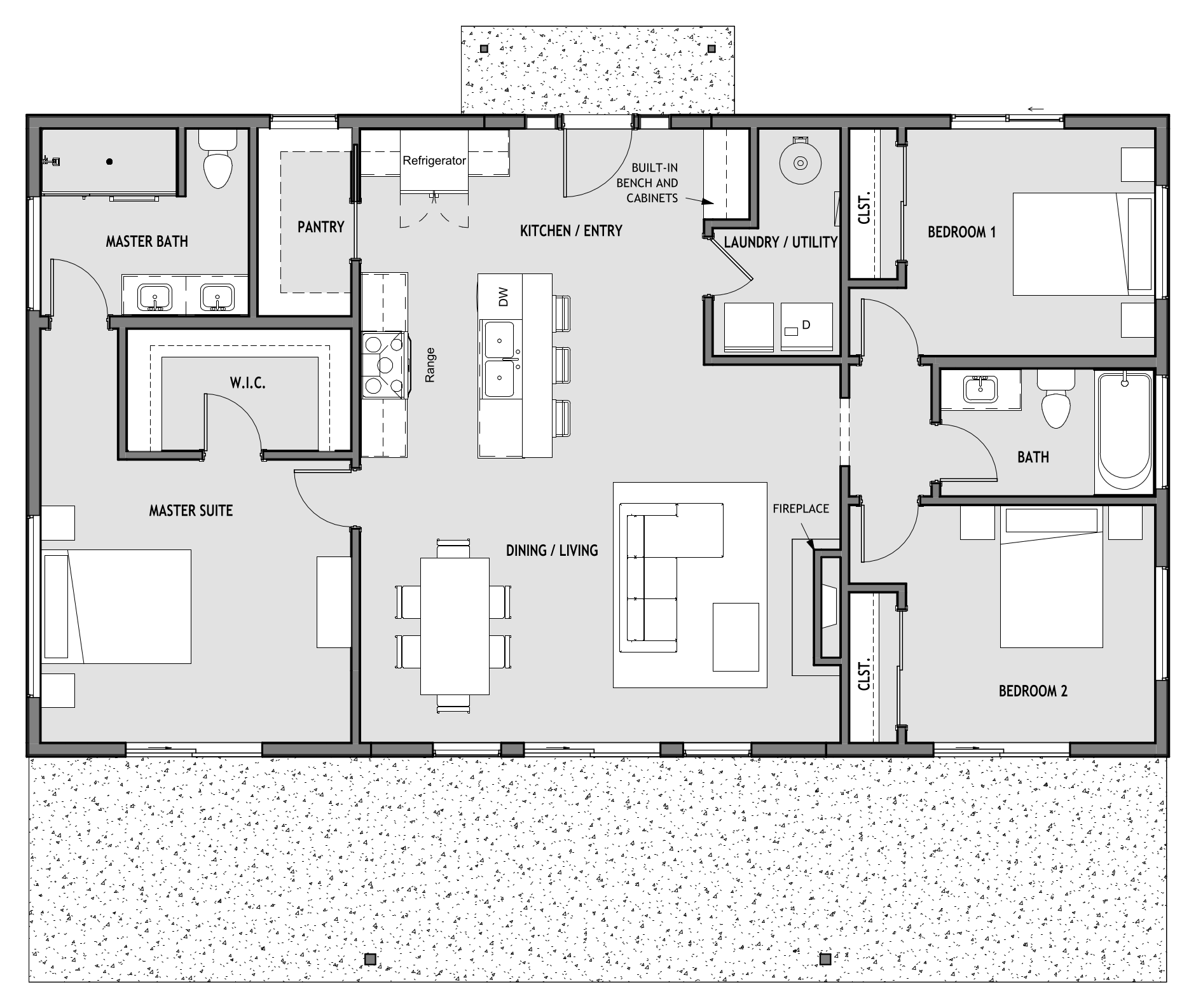 Floor plan of Plan 004, a 1,400 sq ft three-bedroom house. Kitchen with an island, dining and living in one long room across the middle, with the master suite, walk-in closet and bath at one end, two bedrooms sharing a bath at the other, and a pantry and laundry beside the kitchen.
