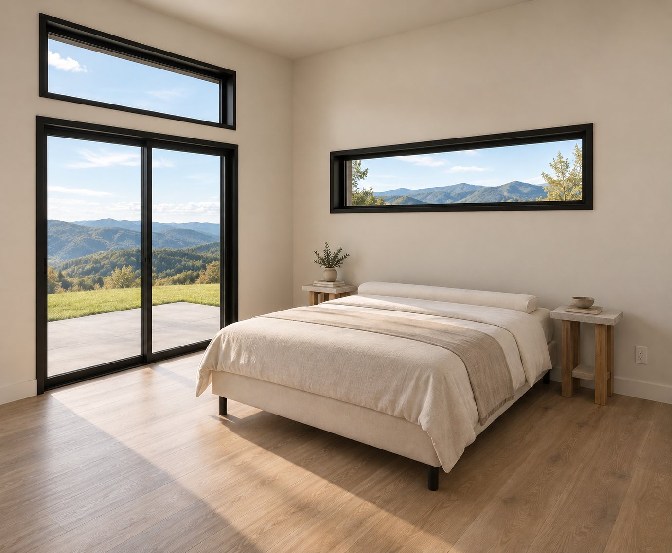 A bedroom in Plan 004 with a sliding glass door under a tall window, and a long, narrow window above the bed.
