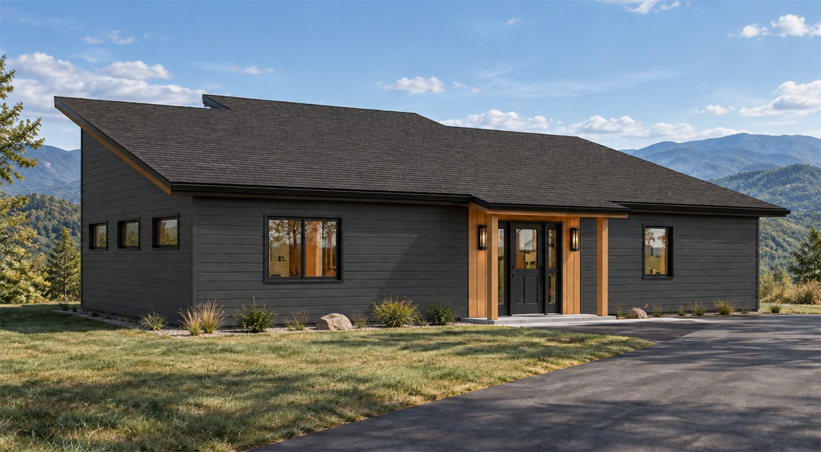 Plan 004 from the front corner: the covered entry with wood posts, a black front door with sidelights, and a window on each side of it.