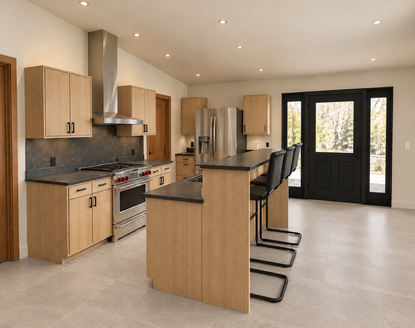 The kitchen in Plan 004: light wood cabinets, a stainless range under a hood, an island with bar stools, and the black front door with sidelights beyond.