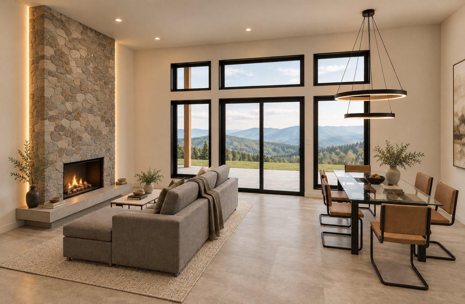 The living and dining room in Plan 004: a stone fireplace on one wall, a sectional sofa, a dining table, and glass doors with tall windows above them opening to the patio.