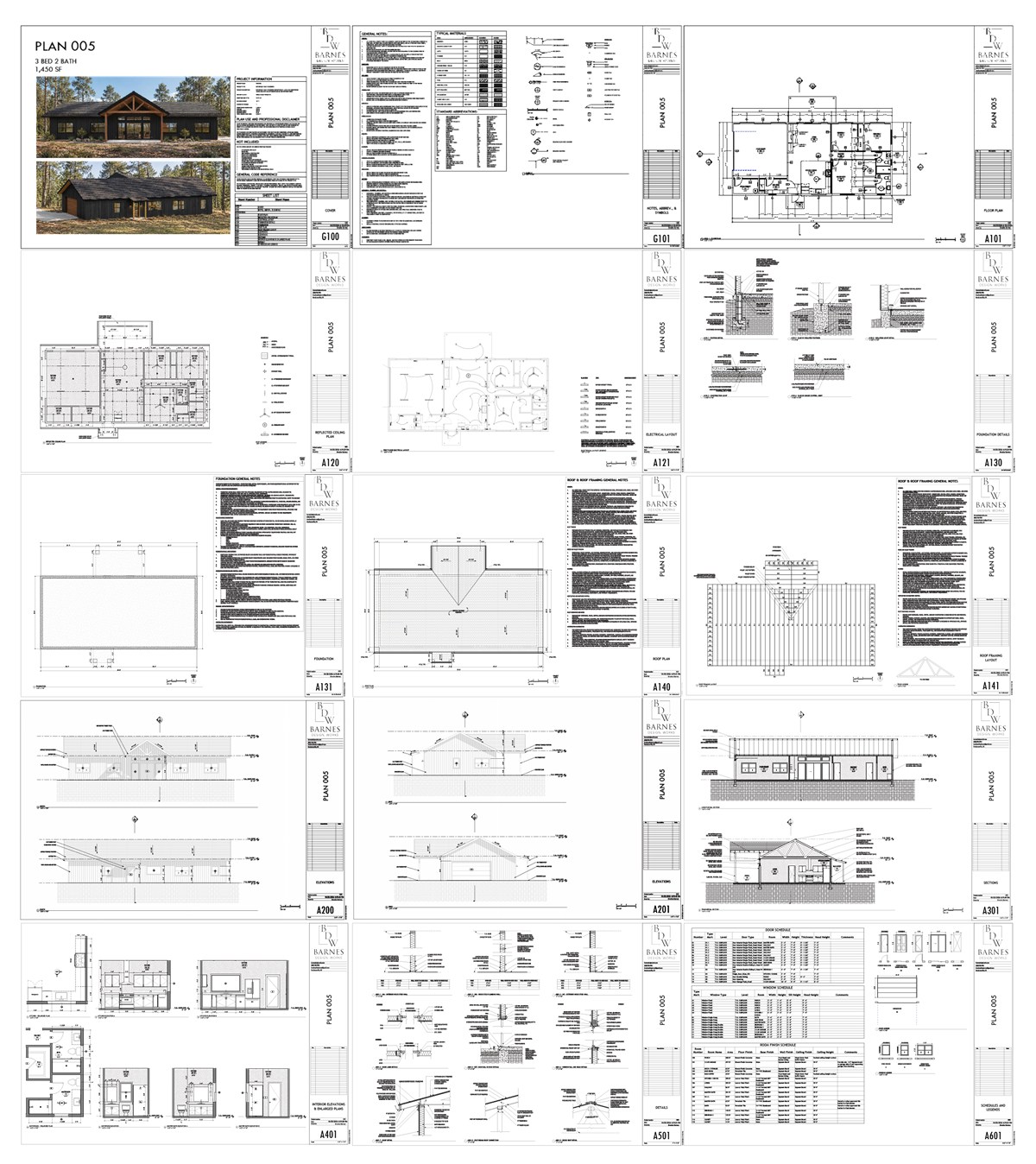 All fifteen sheets of the Plan 005 set laid out together, from the cover sheet through the floor plan, elevations, sections, details and schedules.