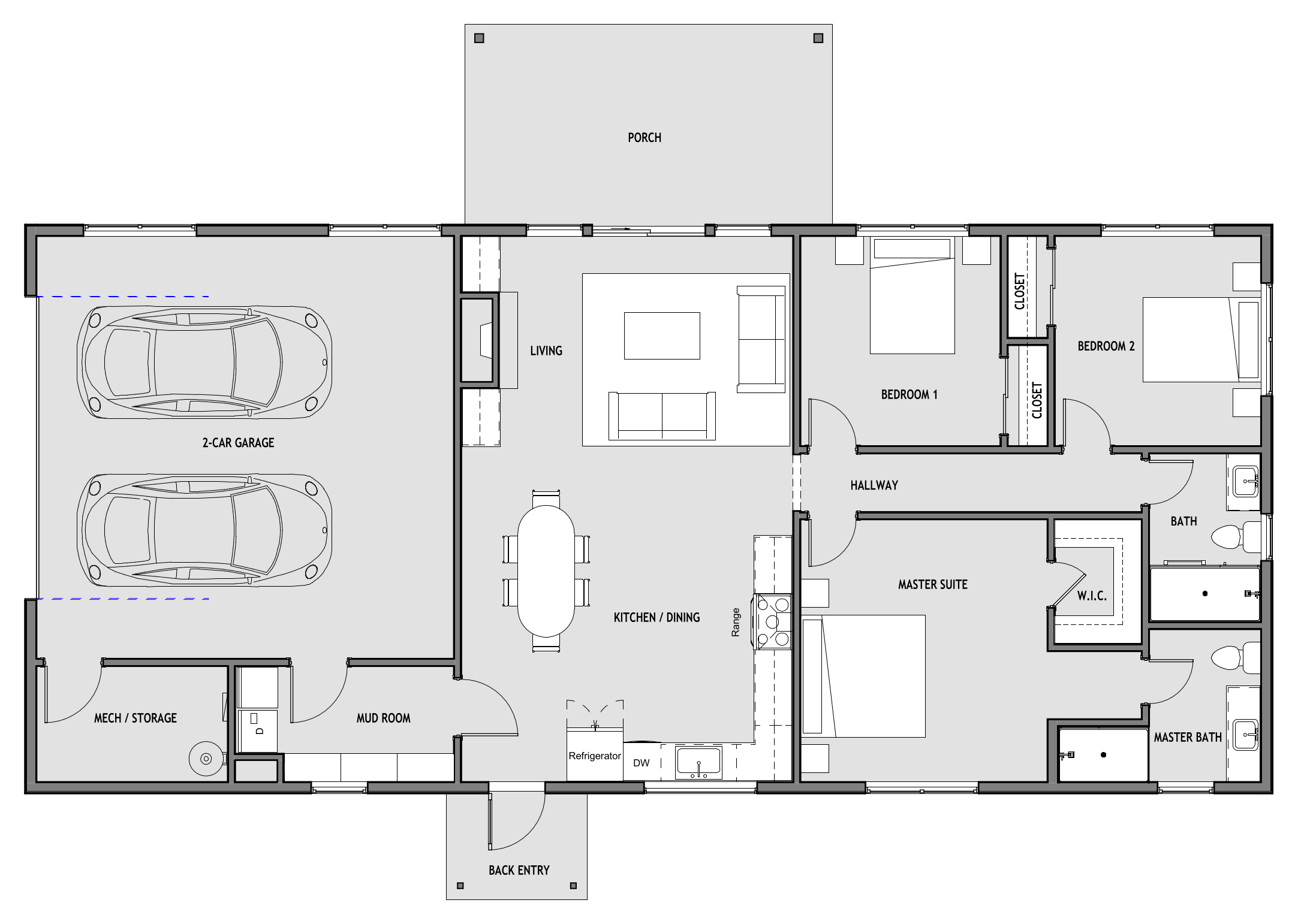 Furniture plan of Plan 005, a 1,450 sq ft three-bedroom house. A two-car garage at the left end, then a mud room and storage room, the kitchen, dining and living room in the middle under a covered porch, and a hallway at the right end leading to two bedrooms, a bath, and the master suite with a walk-in closet and bath.