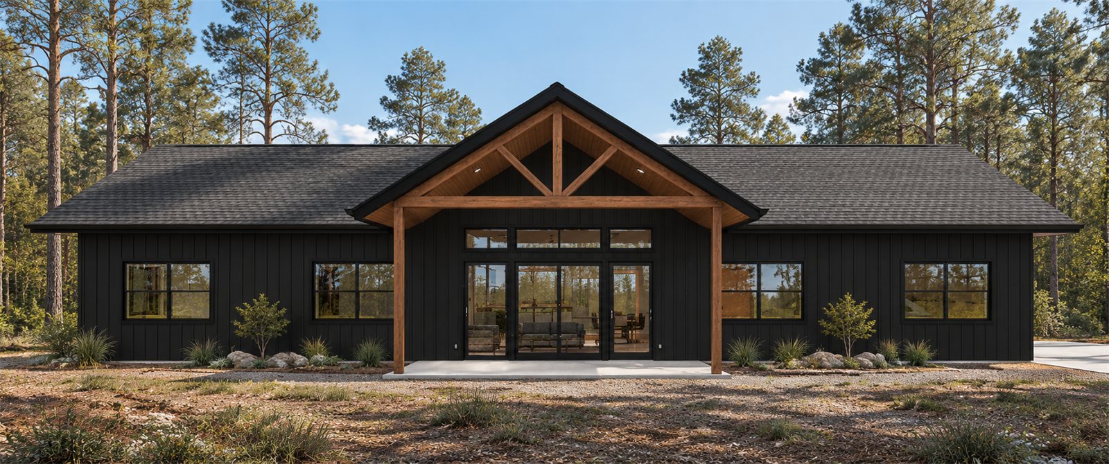 Plan 005 from the front: dark board and batten siding, a gabled porch with timber posts and brackets over glass doors, and a low roof running out to two windows on each side.