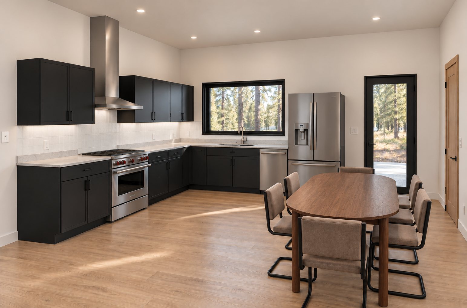 The kitchen and dining area in Plan 005: dark cabinets around the range and sink, a stainless refrigerator, and a dining table by a glass door.